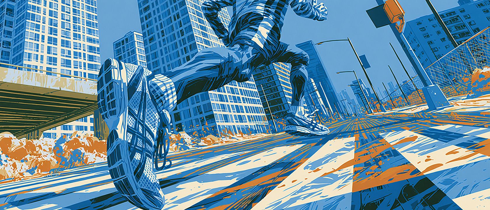 Runner full stride in the street